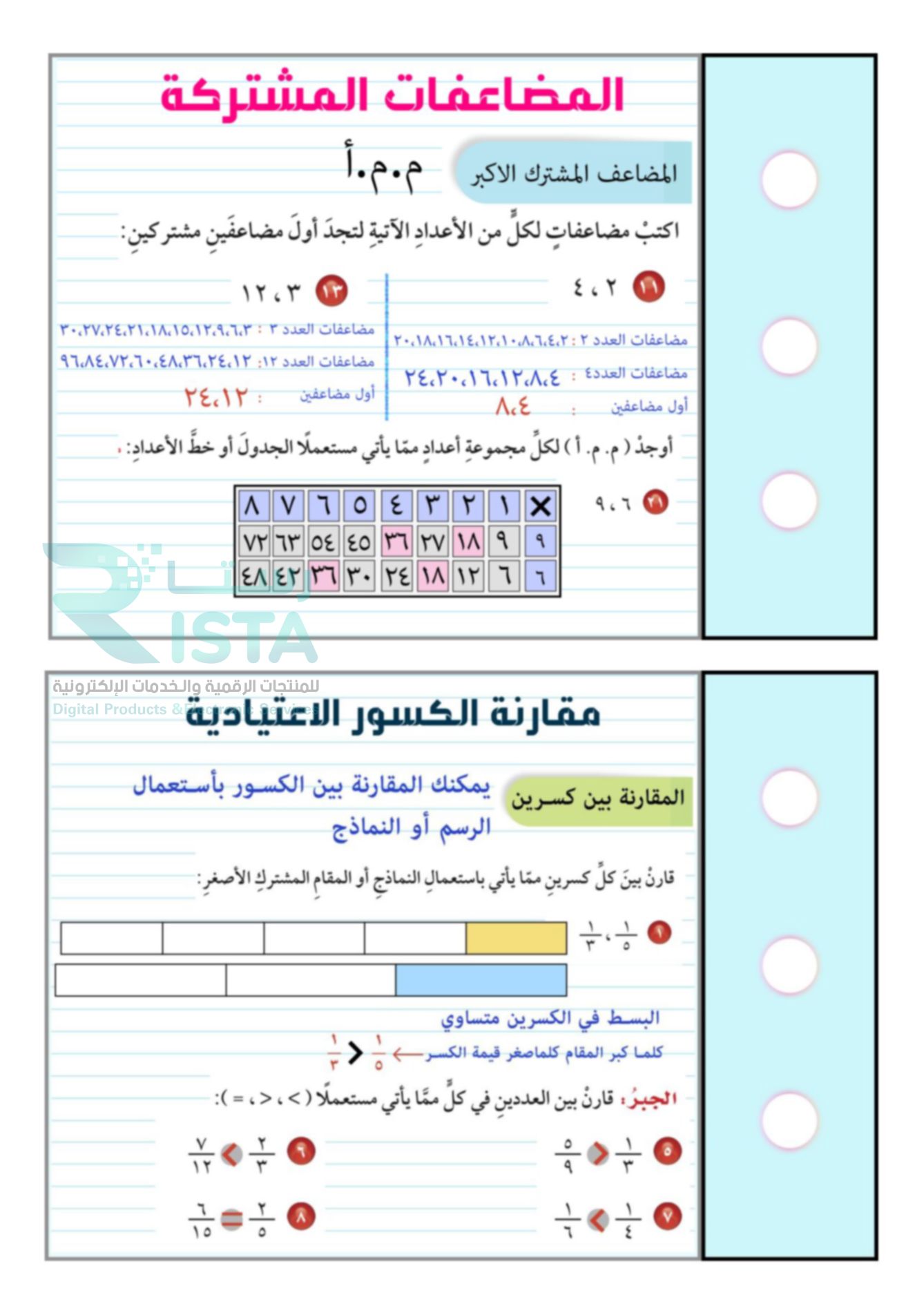 مطوية القواسم والمضاعفات رياضيات الخامس الإبتدائي  الفصل الدراسي الثاني