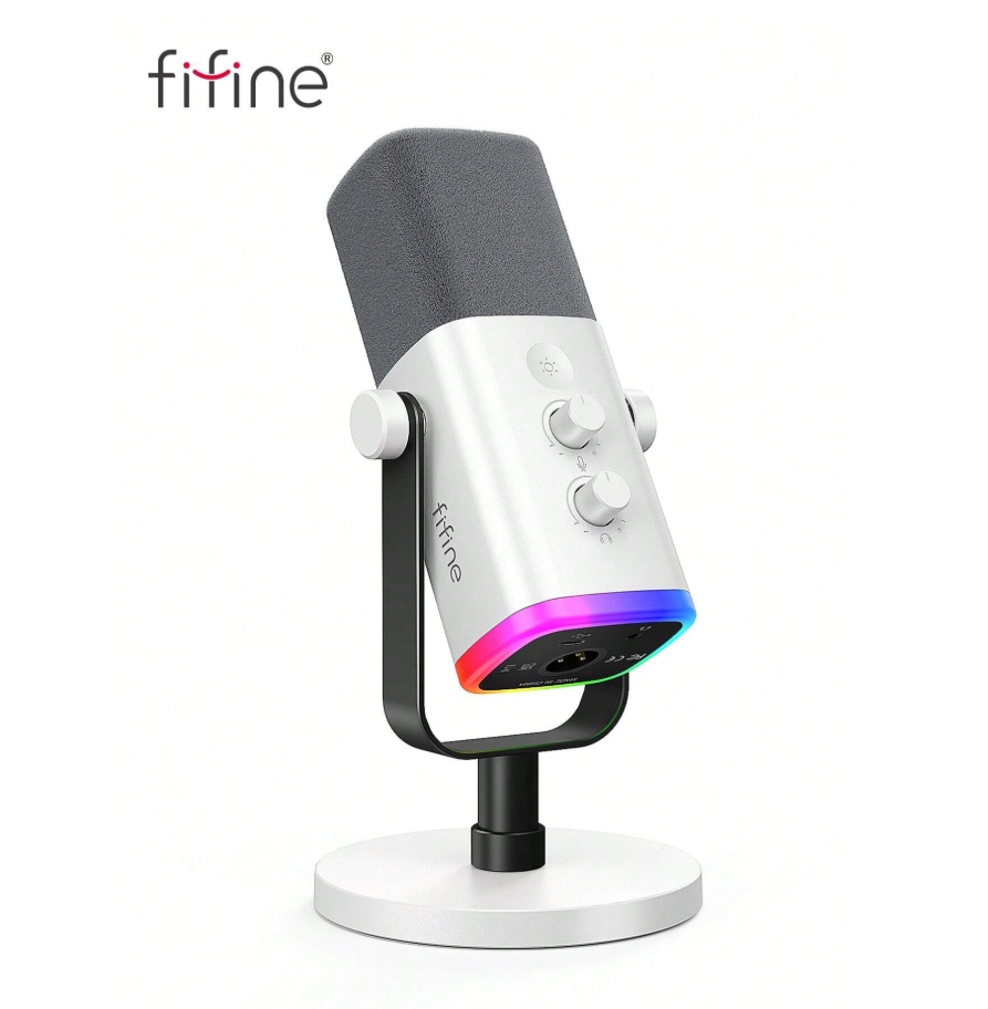 FIFINE ميكروفون USB/XLR للبودكاست والألعاب، ميكروفون ديناميكي مع إضاءة RGB قابلة للتحكم، كتم الصوت باللمس، مقبس سماعات رأس، قاعدة مكتبية، ميكروفون صوتي للغناء والألعاب والبث والبودكاست - FIFINE AM8 أبيض