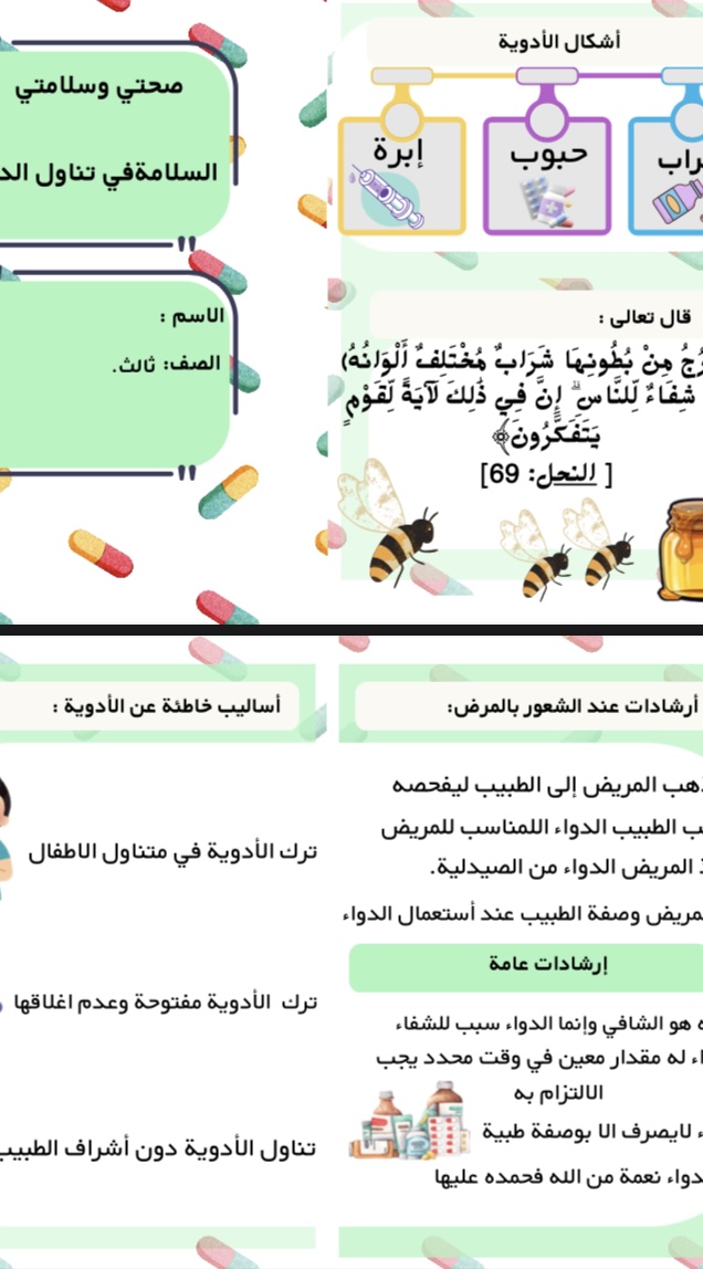 اسرية وحدة صحتي وسلامتي درس السلامة في تناول الادوية صف ثالث