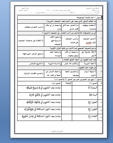 اختبار  تجويد الفترى الأولى إلى درس الأظهار لصف الخامس الفصل الدراسي الأول