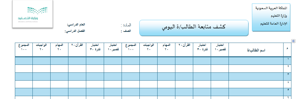 سجل اعمال السنة لمتابعة الطالبات خلال سير الحصة