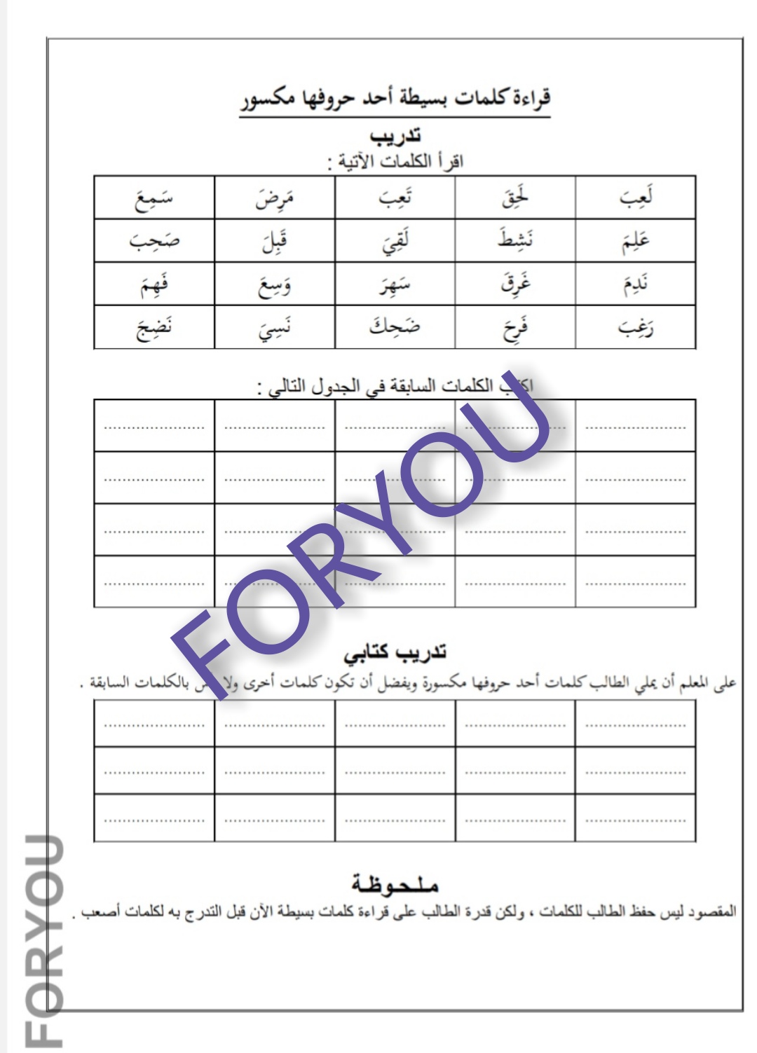 مذكره تعليميه تحسين مستوى لغتي للصفوف الاوليه.