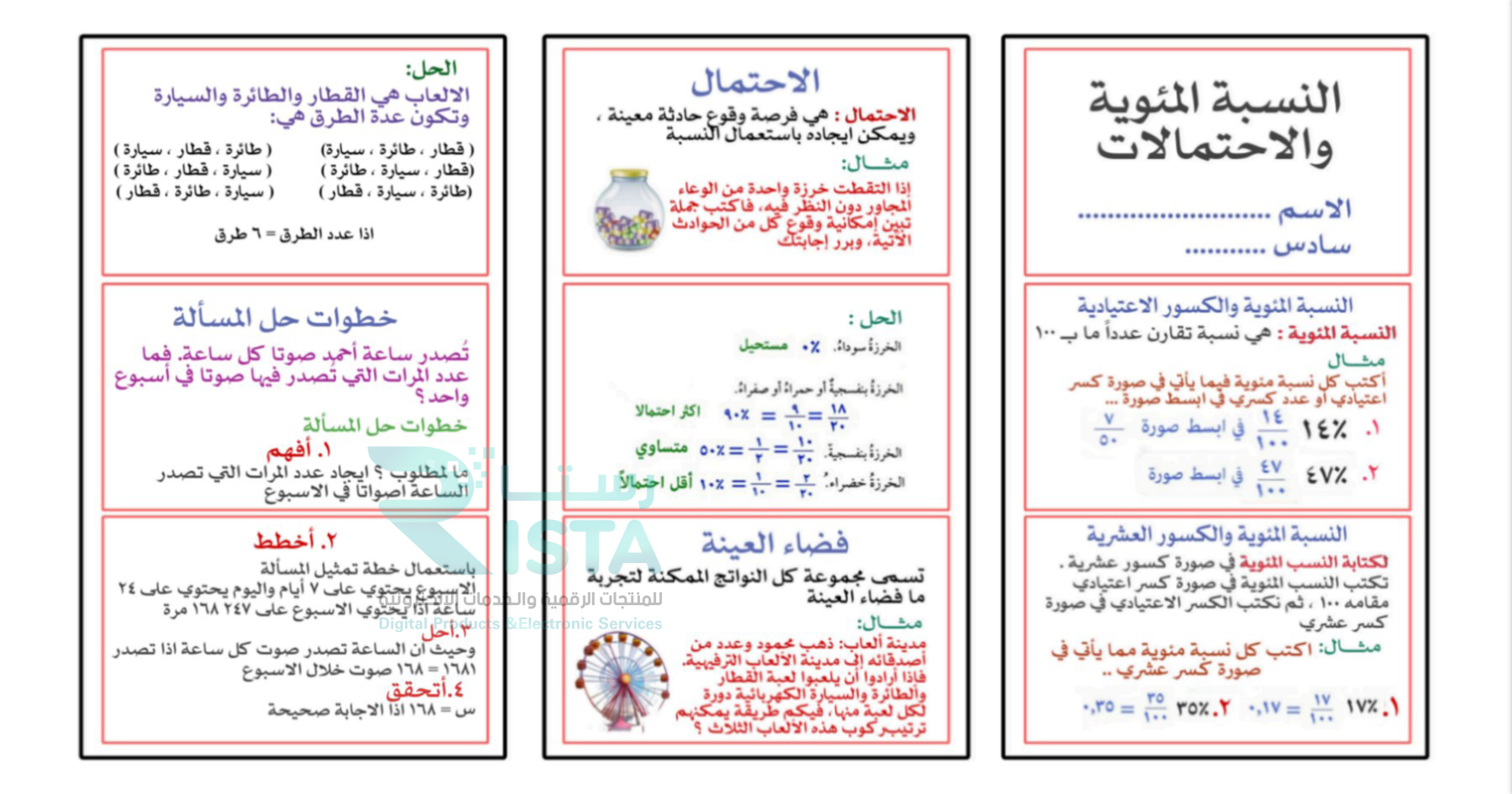مطوية النسبة المئوية والاحتمالات رياضيات السادس الإبتدائي  الفصل الدراسي الثاني