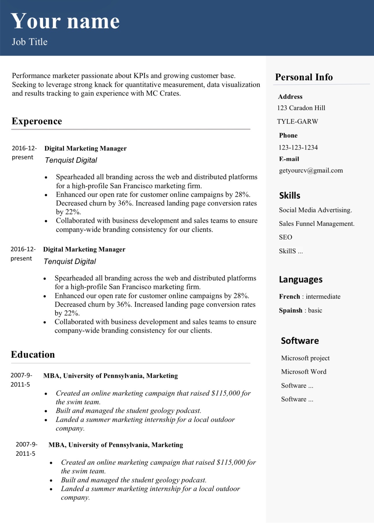 نموذج سيرة ذاتية انجليزي