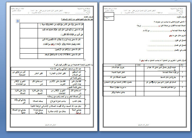 اختبار قصير لصف الخامس الفصل الدراسي الثاني 1447 الأختبار الأول
