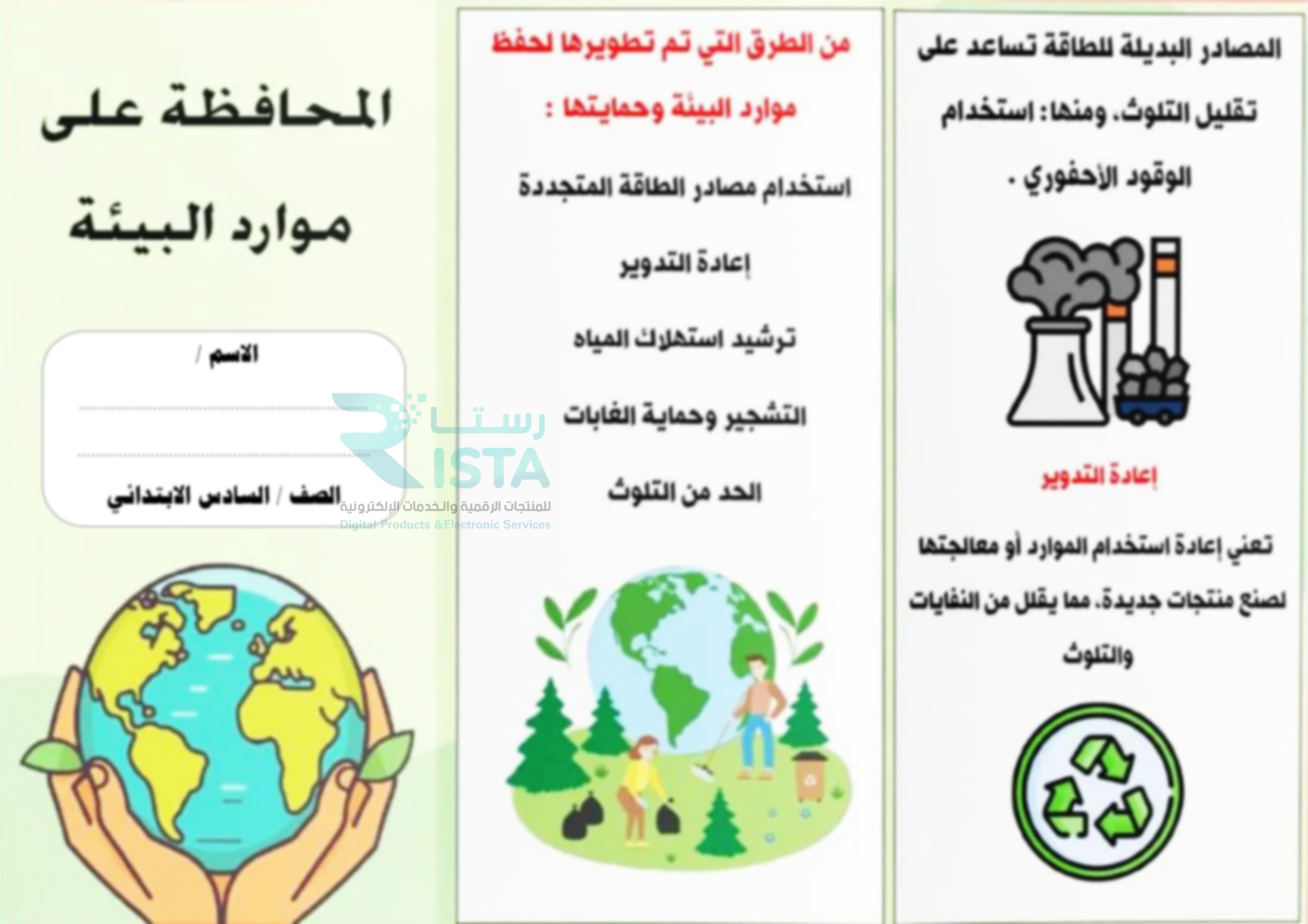 مطوية المحافظة على موارد البيئة علوم الصف السادس الإبتدائي