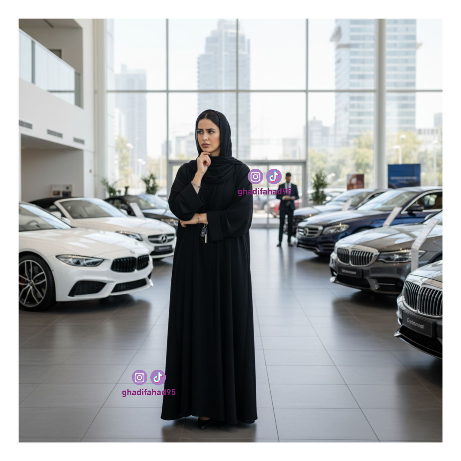امرأة خليجية في صالة عرض سيارات يبدو عليها ملامح الحيرة