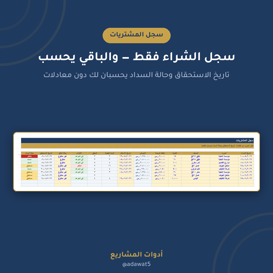 ملف متابعة الموردين والمشتريات — إكسل عربي لإدارة المستحقات وتقييم الموردين