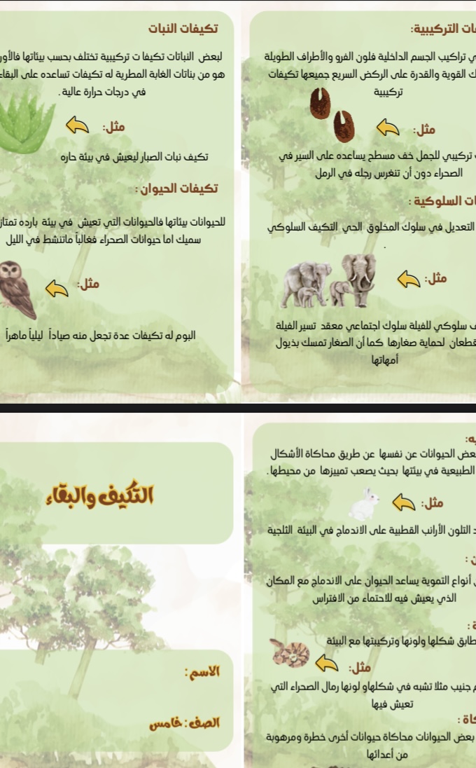 مطوية التكيف والبقاء علوم صف خامس الفصل الاول