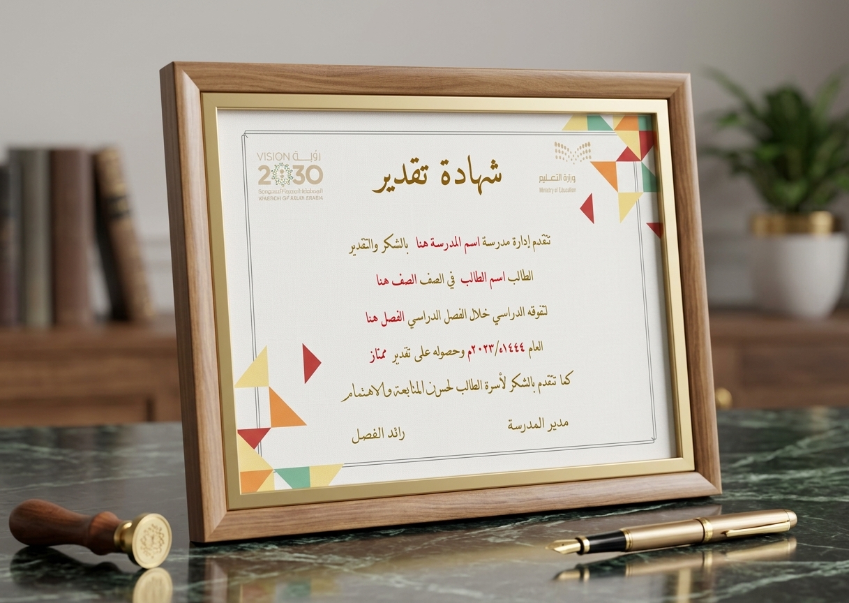 قالب شهادة تقدير مدرسية ملونة وقابلة للتعديل | Word