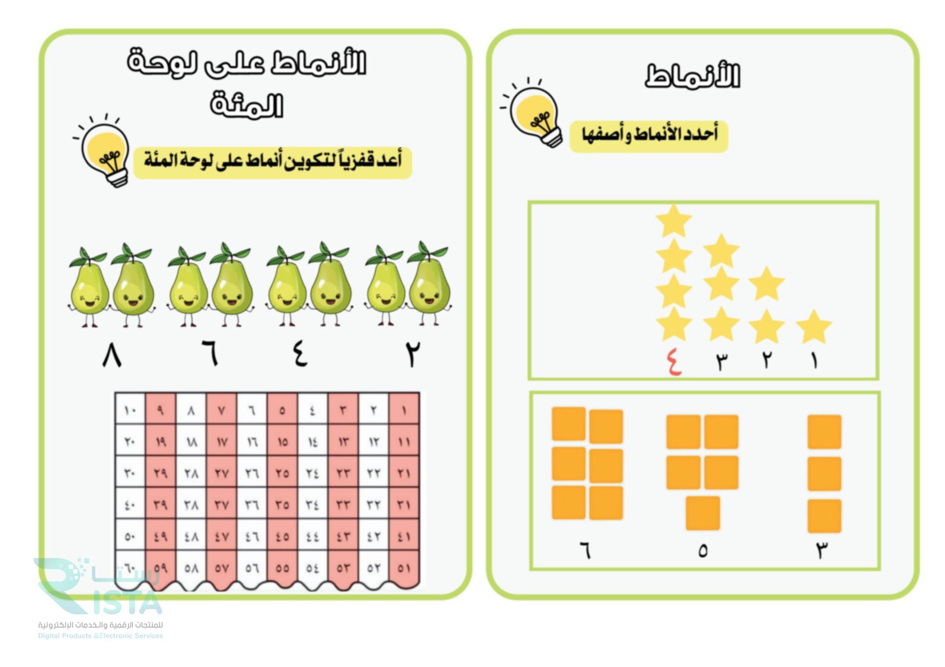 مطوية القيمة المنزلية حتى ١٠٠ والأنماط رياضيات الثاني الإبتدائي  الفصل الدراسي الأول