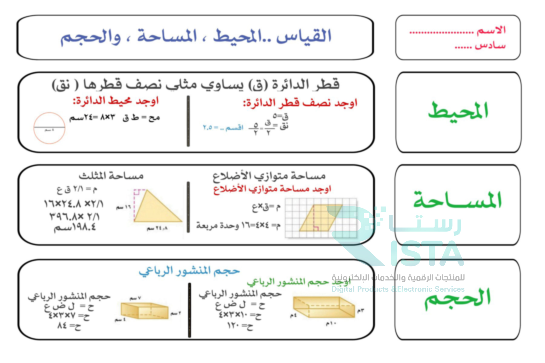 مطوية القياس والمحيط والمساحة والحجم رياضيات السادس الإبتدائي  الفصل الدراسي الثاني