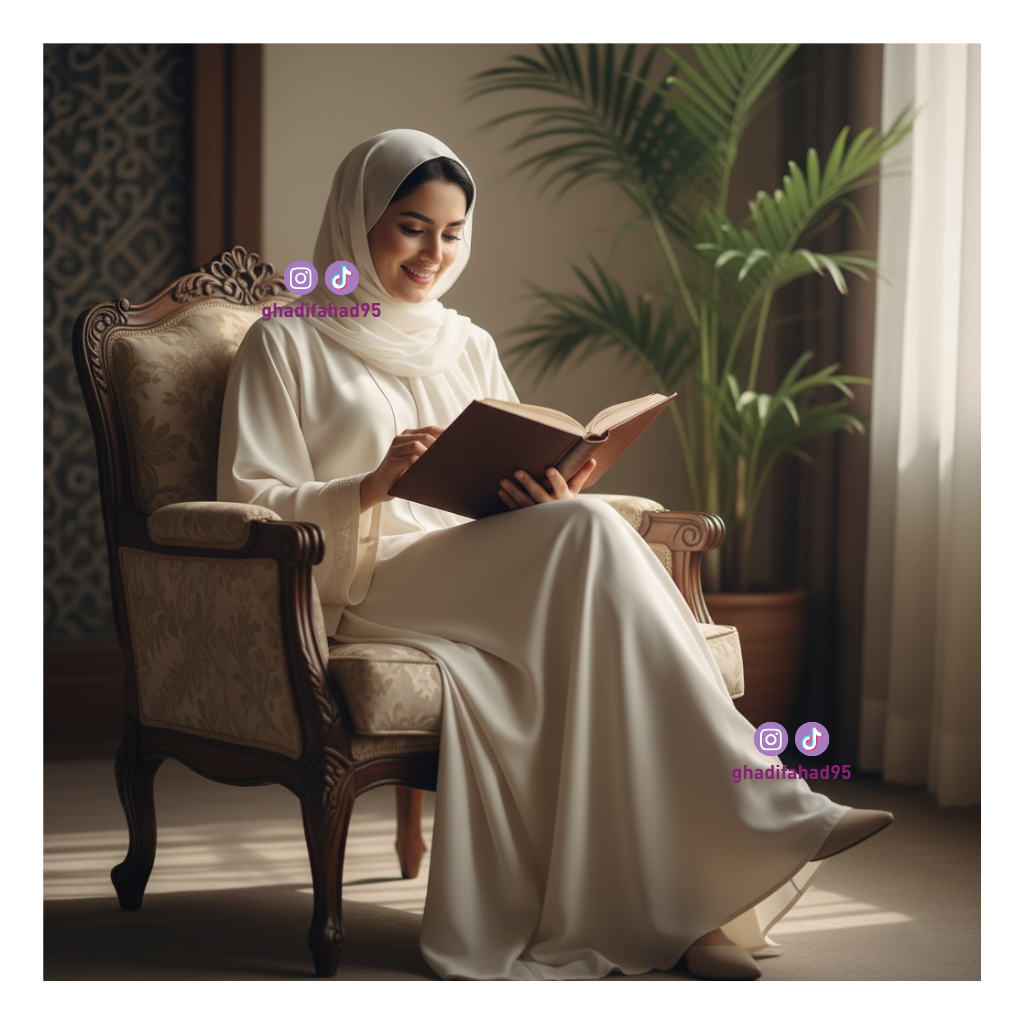 امرأة خليجية أنيقة تقرأ كتابًا – صورة توليدية بالذكاء الاصطناعي