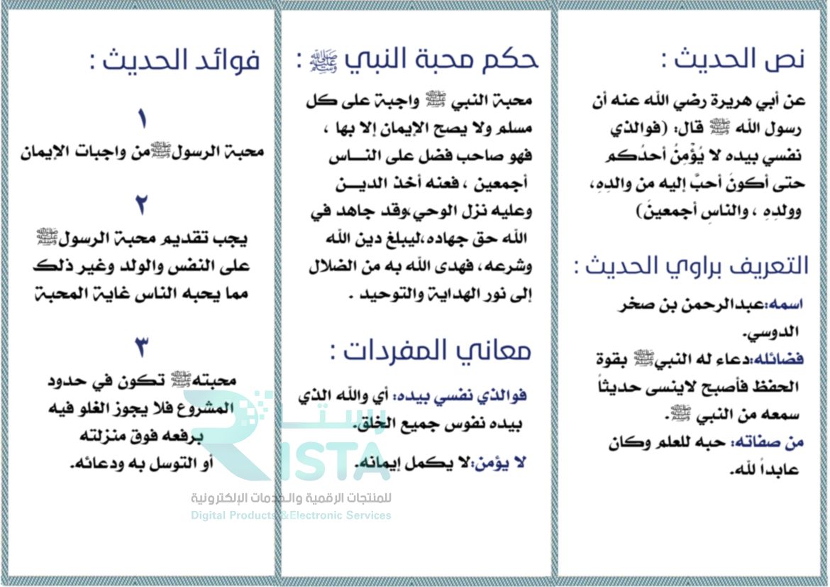 مطوية محبة النبي صلى الله عليه وسلم دراسات إسلامية السادس الإبتدائي  الفصل الدراسي الثاني