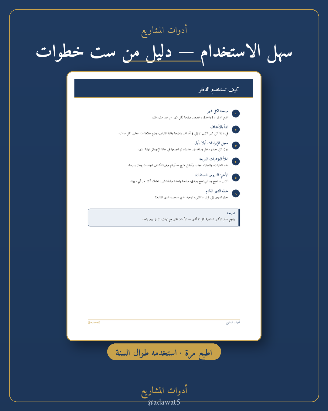 دفتر متابعة المشروع الشهري — قالب PDF قابل للطباعة (A4)