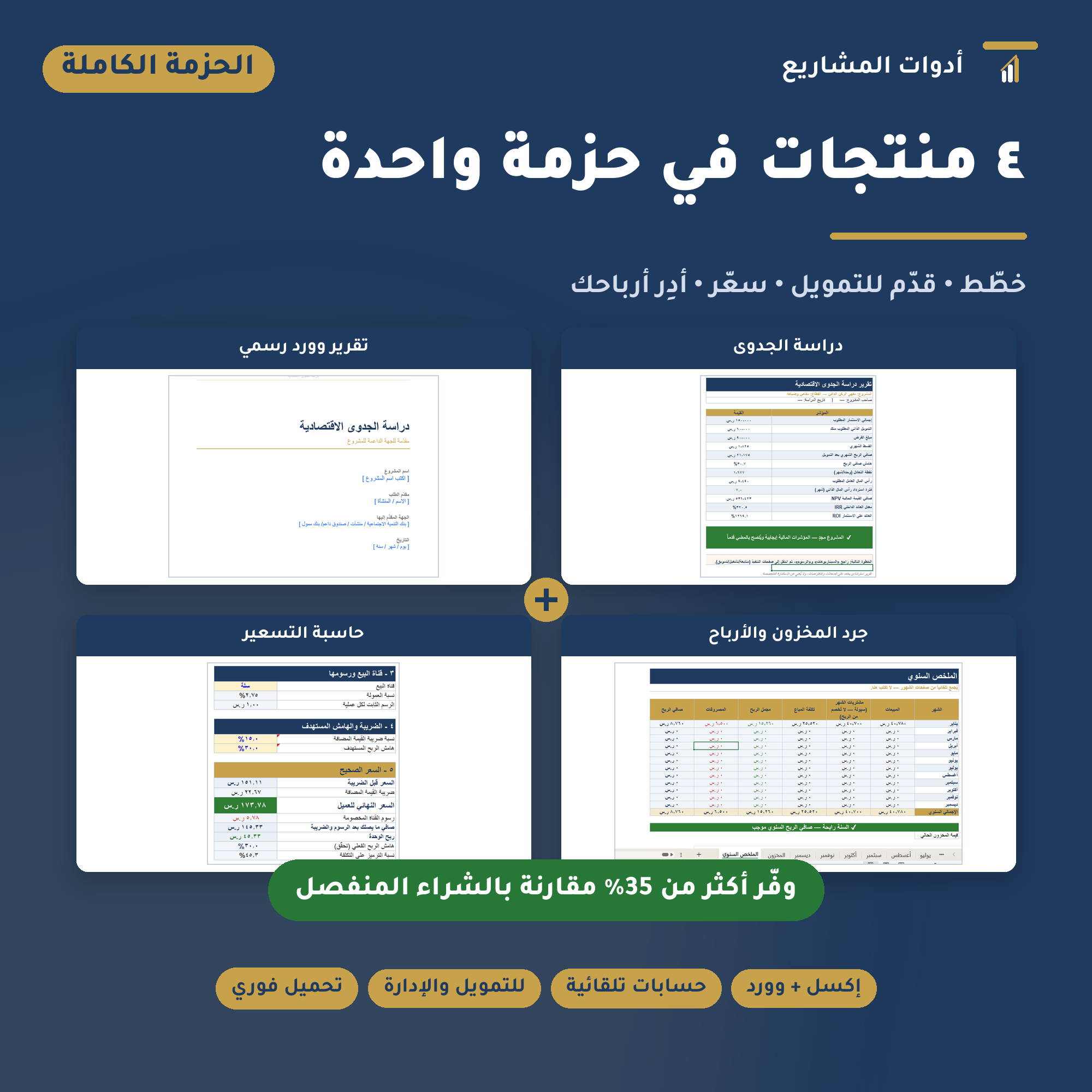 الباقة الكاملة: دراسة جدوى + تقرير وورد + جرد مخزون وأرباح + حاسبة تسعير — إكسل ووورد لإدارة المشاريع