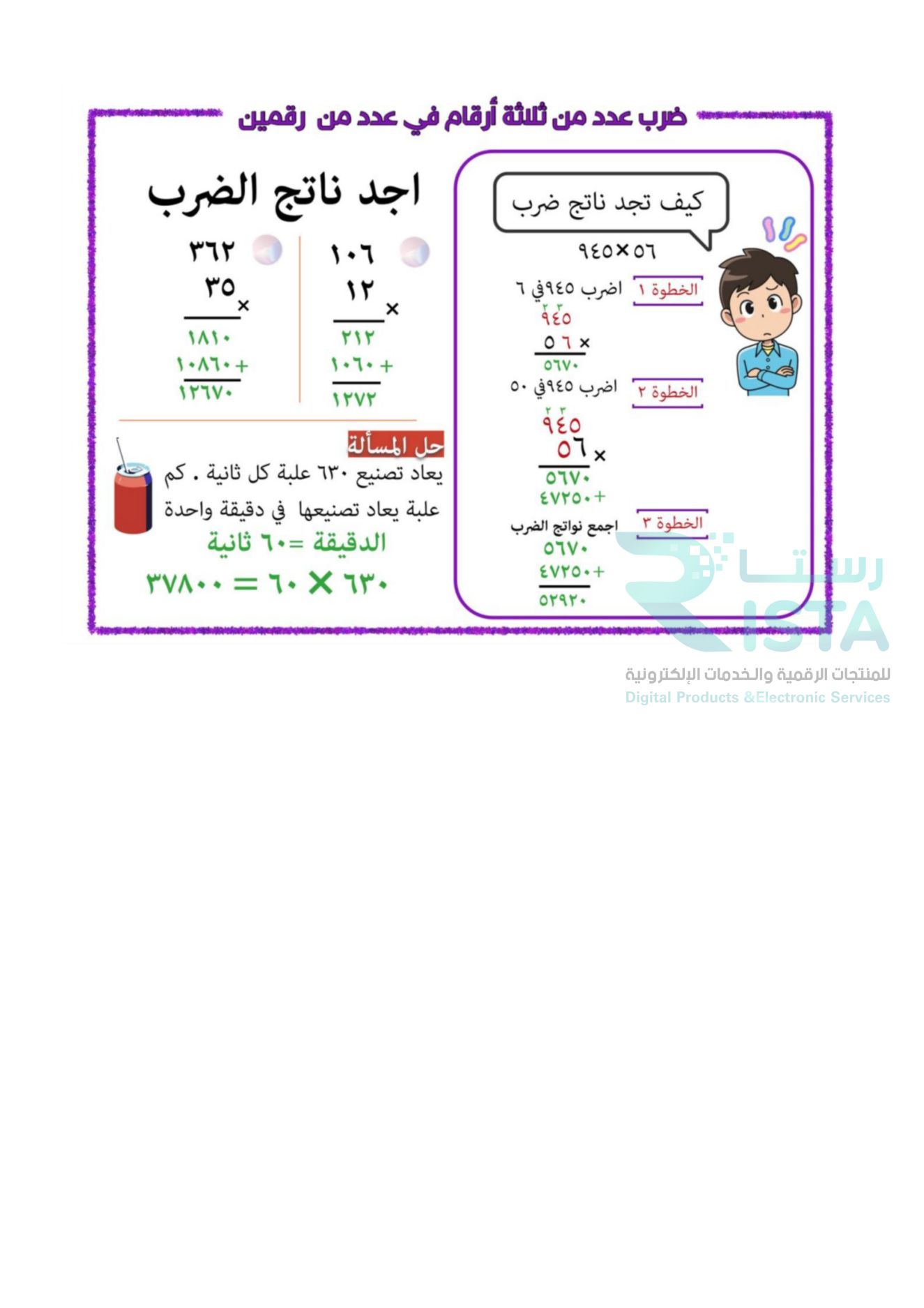 مطوية الضرب في عدد من رقمين رياضيات الرابع الإبتدائي  الفصل الدراسي الثاني