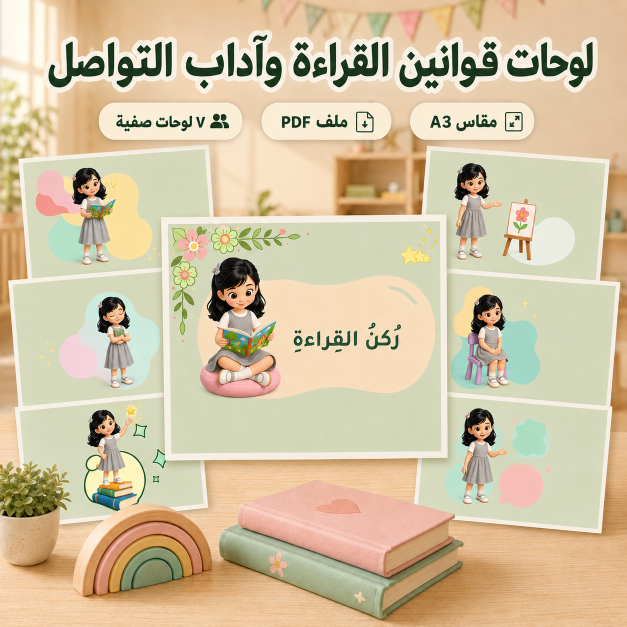 سبع لوحات قوانين القراءة وآداب التواصل رمادي