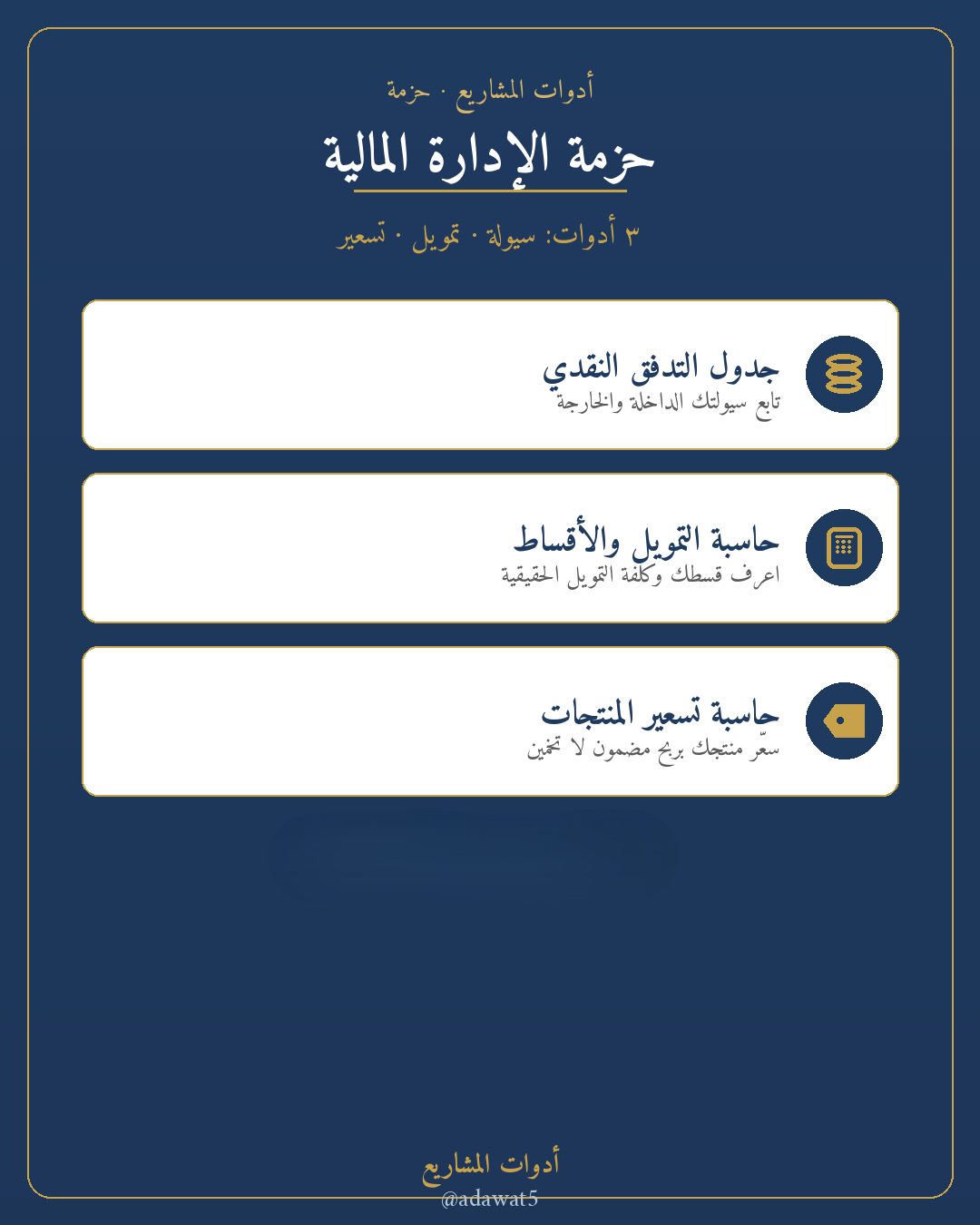 حزمة الإدارة المالية — تدفق نقدي + حاسبة تمويل + حاسبة تسعير