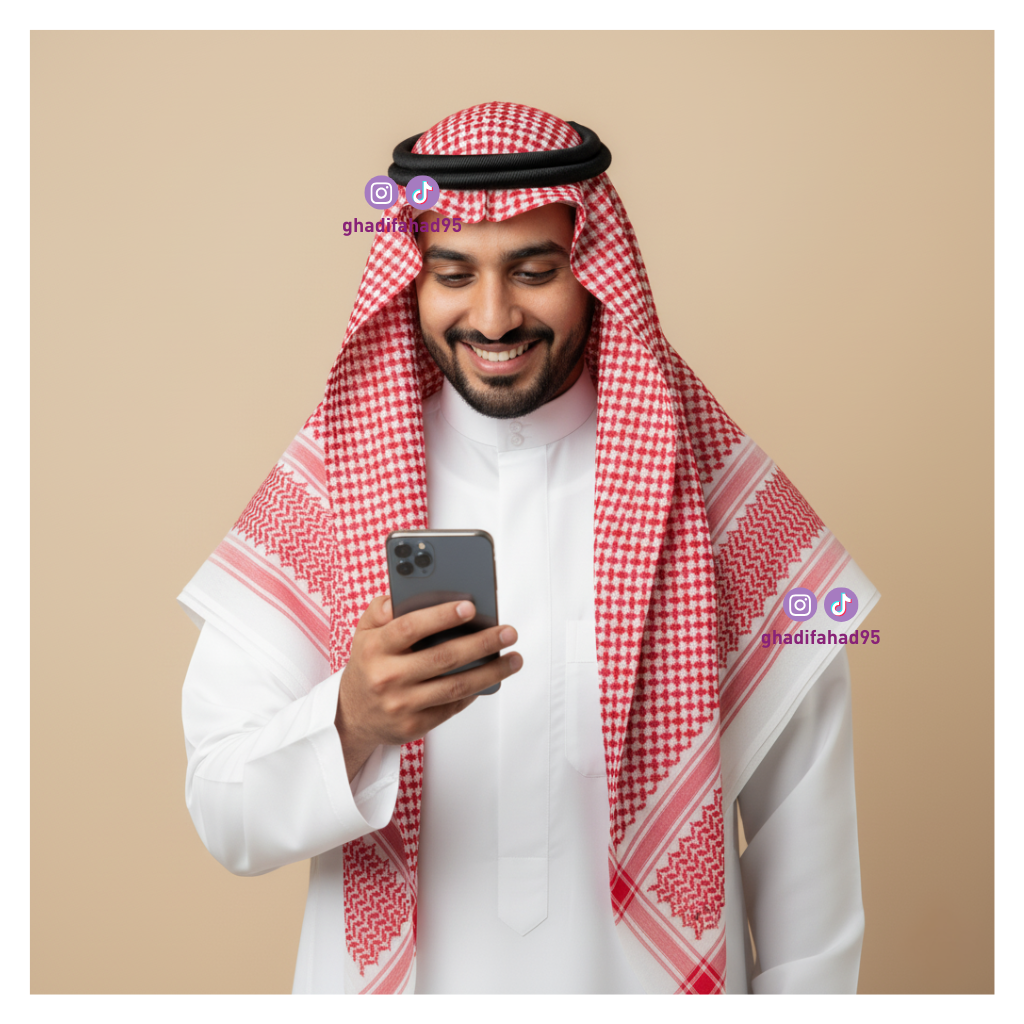 رجل سعودي يستخدم هاتفه – صورة توليدية بالذكاء الاصطناعي