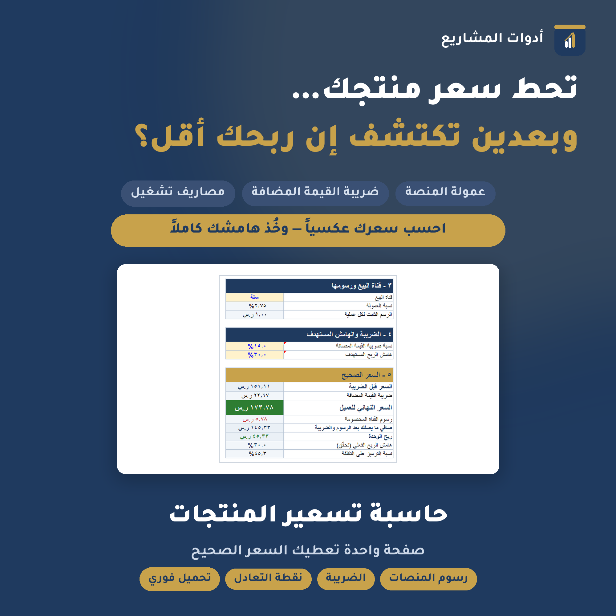 حاسبة تسعير المنتجات — ملف إكسل لحساب السعر الصحيح بعد عمولة المنصة والضريبة (سلة • زد • رمز)