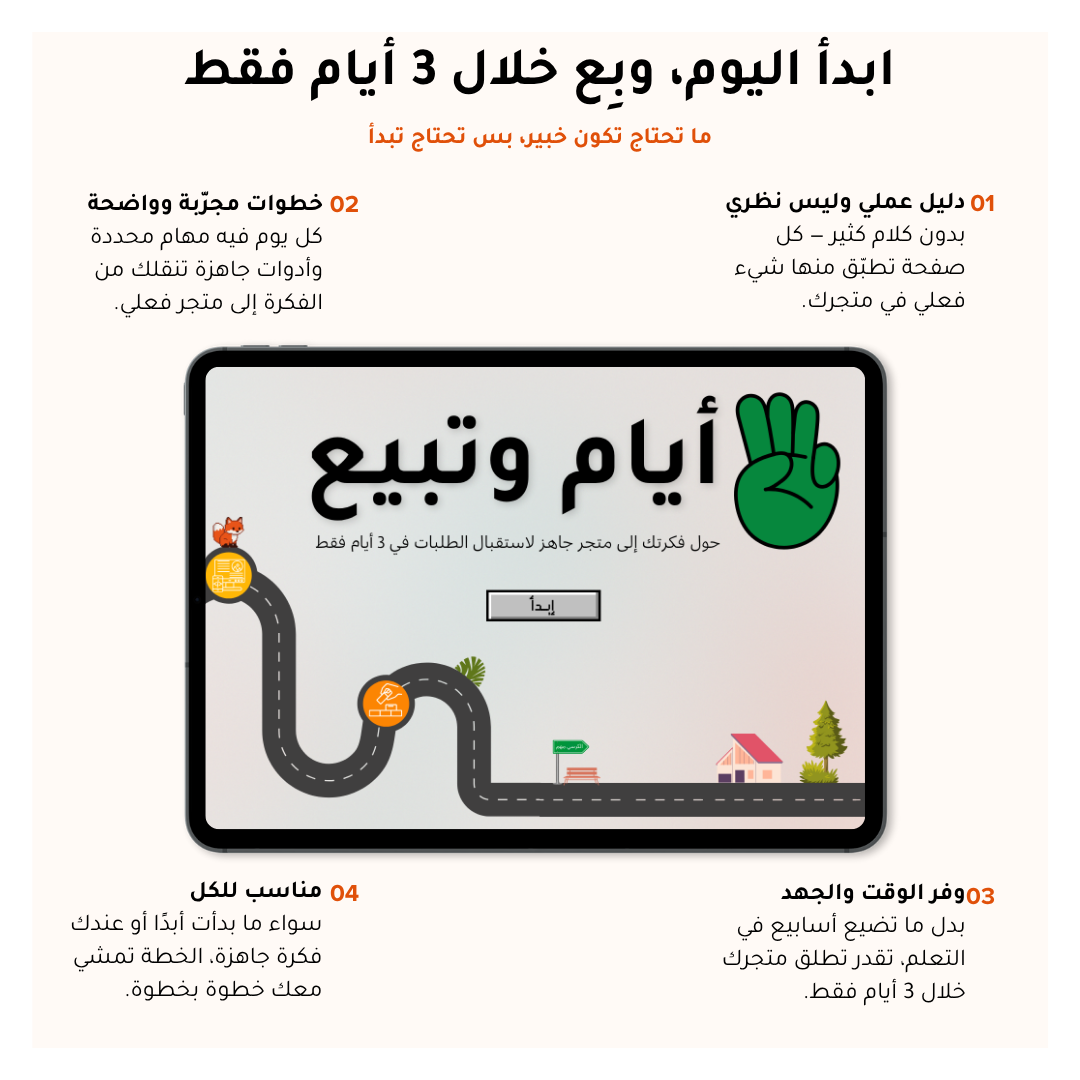 3 أيام وتبيع | دليل إلكتروني عملي لتحويل فكرتك إلى متجر جاهز للبيع