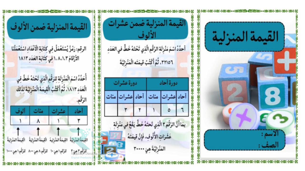 مطوية القيمة المنزلية رياضيات الثالث الإبتدائي