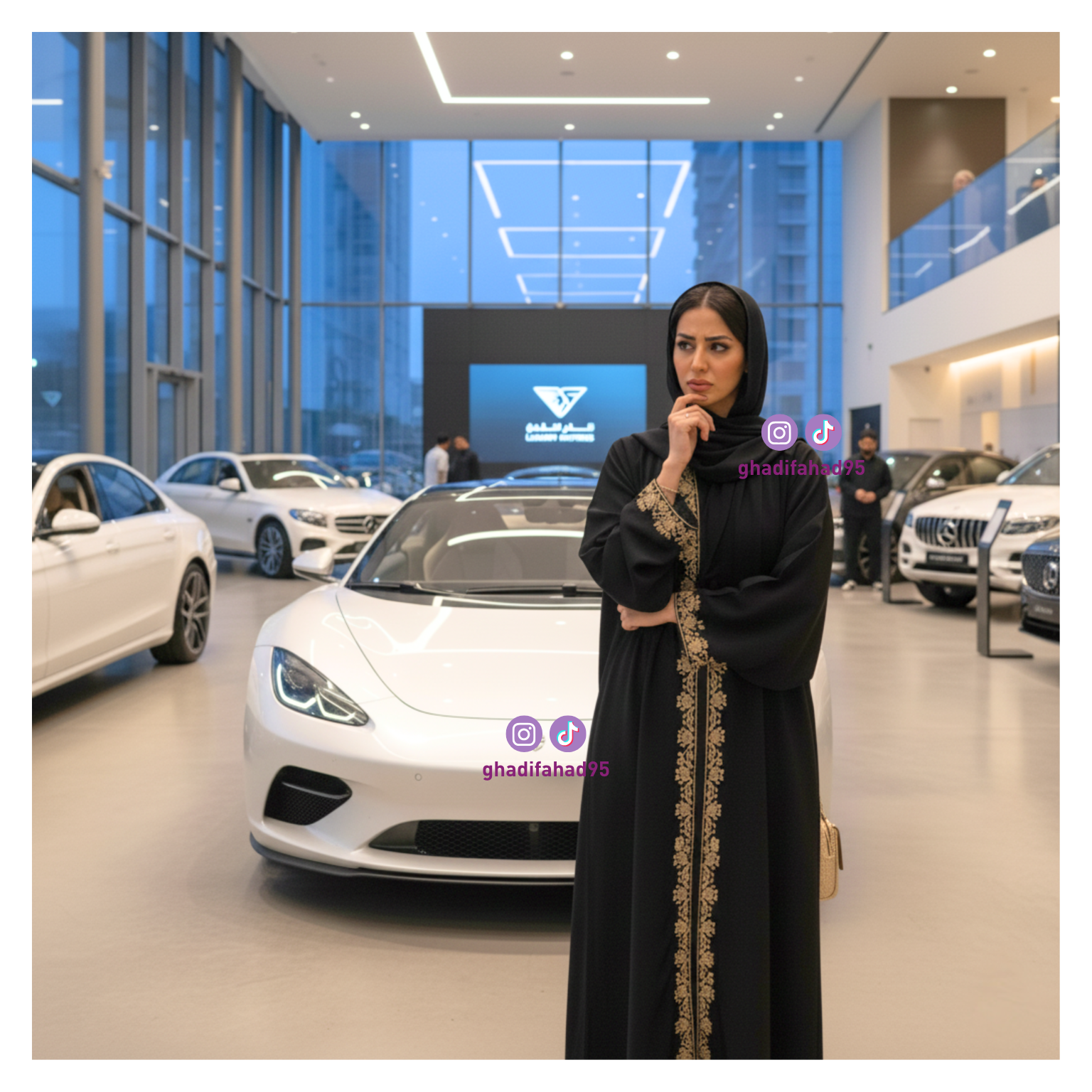 امرأة خليجية في صالة عرض سيارات يبدو عليها ملامح الحيرة 2