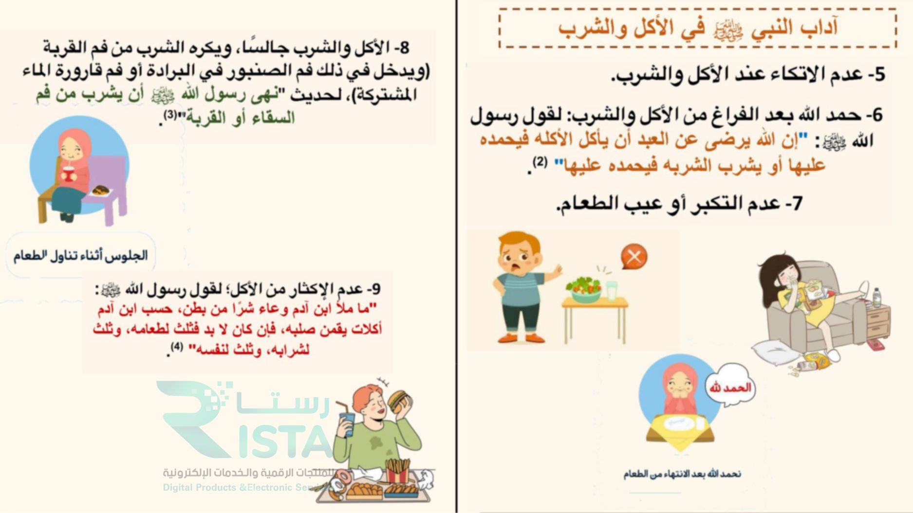 مطوية أكل النبي صلى الله عليه وسلم وشربه دراسات إسلامية حديث رابع ابتدائي  الفصل الدراسي الثاني