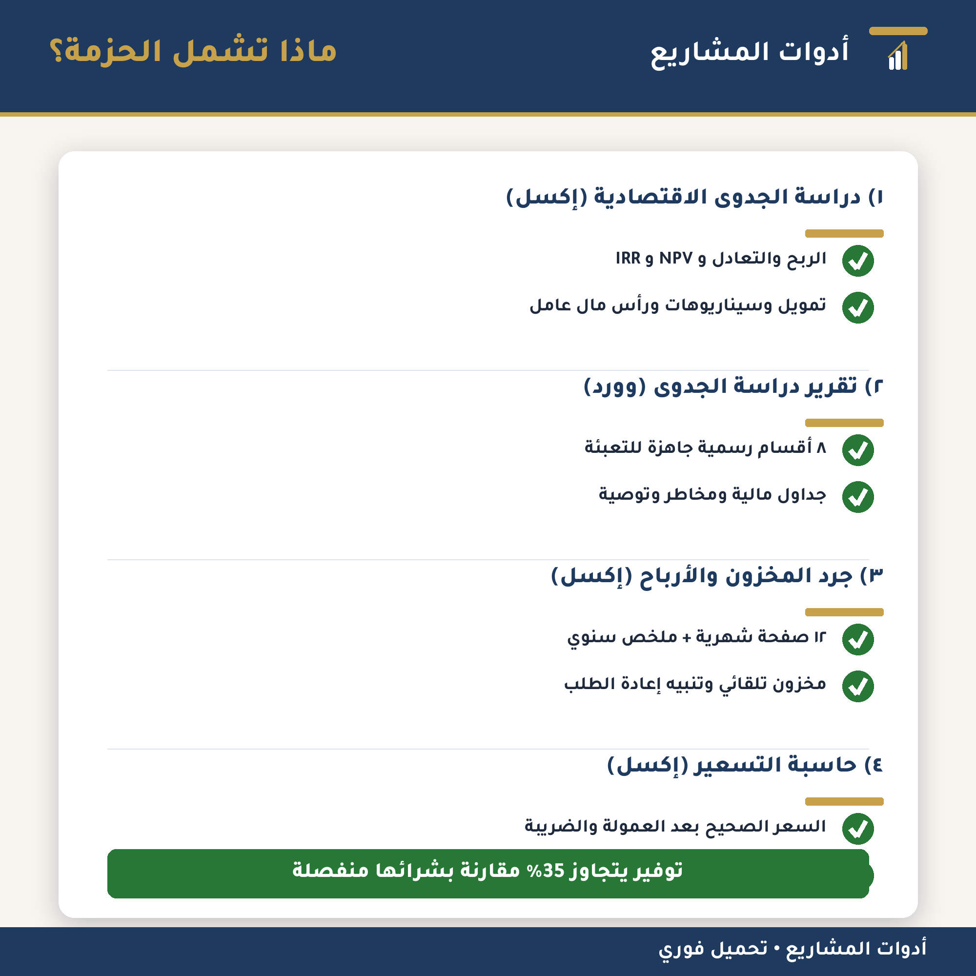 الباقة الكاملة: دراسة جدوى + تقرير وورد + جرد مخزون وأرباح + حاسبة تسعير — إكسل ووورد لإدارة المشاريع