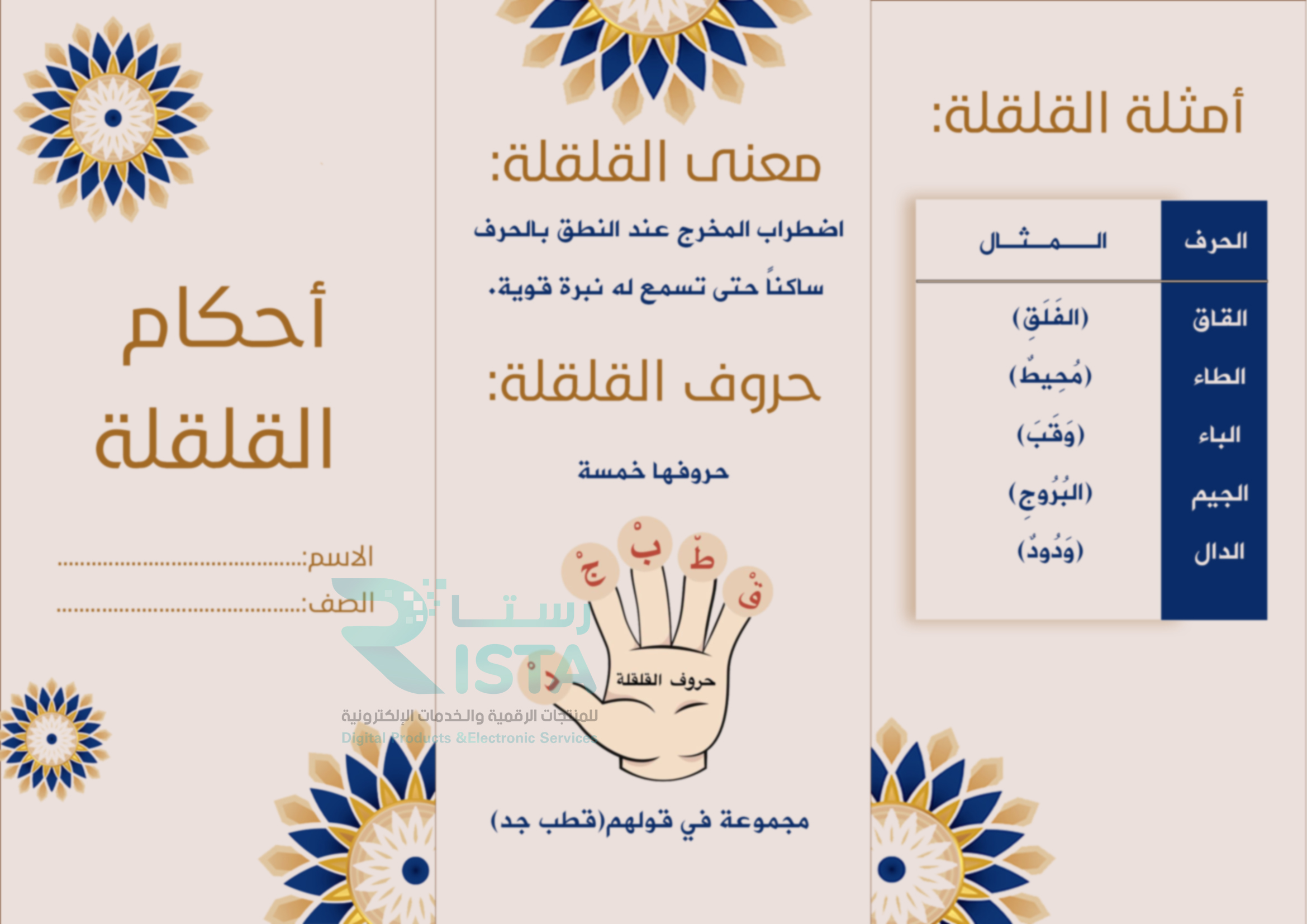 مطوية أحكام القلقلة القرآن الكريم تجويد السادس الإبتدائي  الفصل الدراسي الثاني