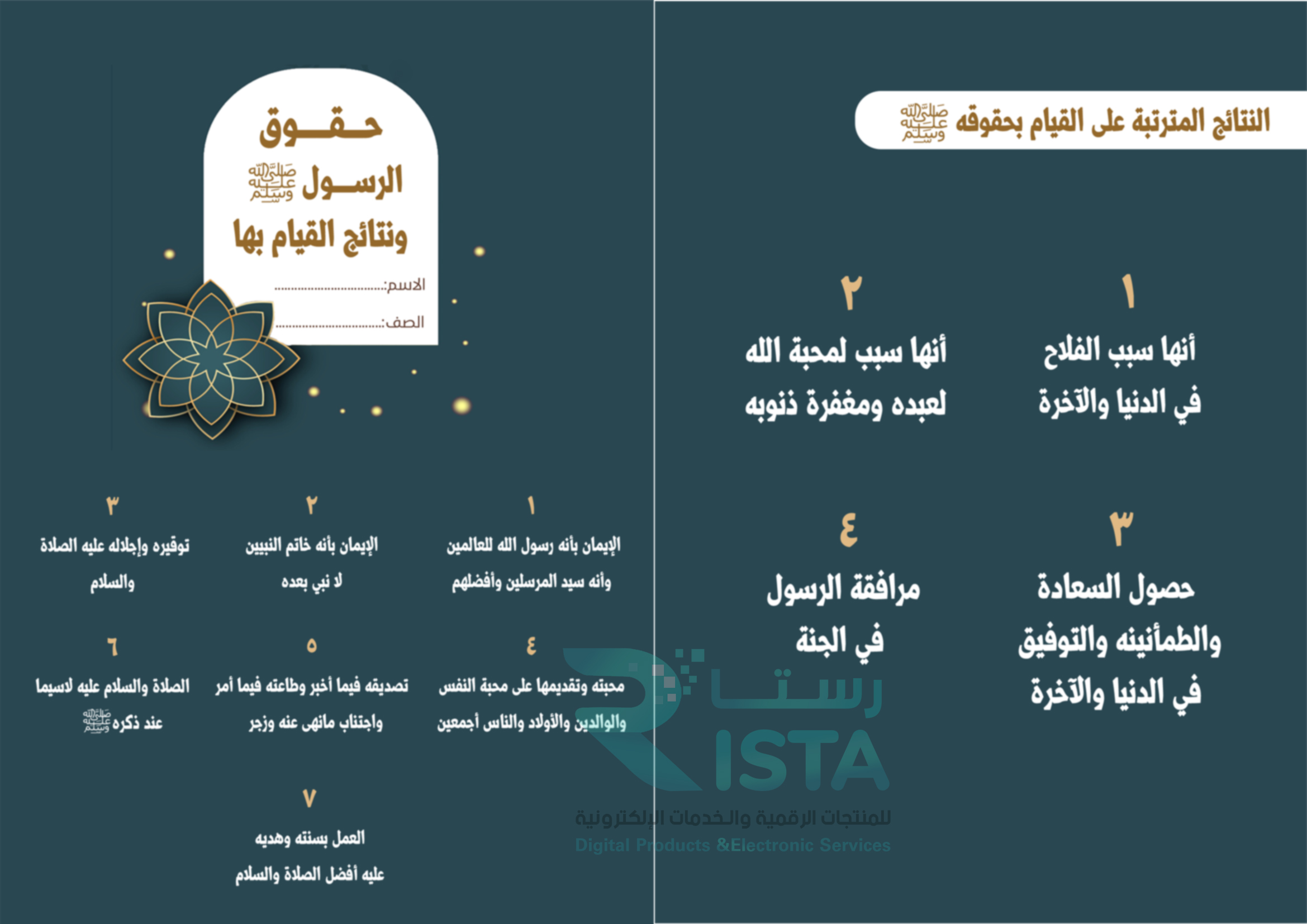 مطوية حقوق الرسول صلى الله عليه وسلم ونتائح القيام بها دراسات إسلامية السادس الإبتدائي  الفصل الدراسي الثاني