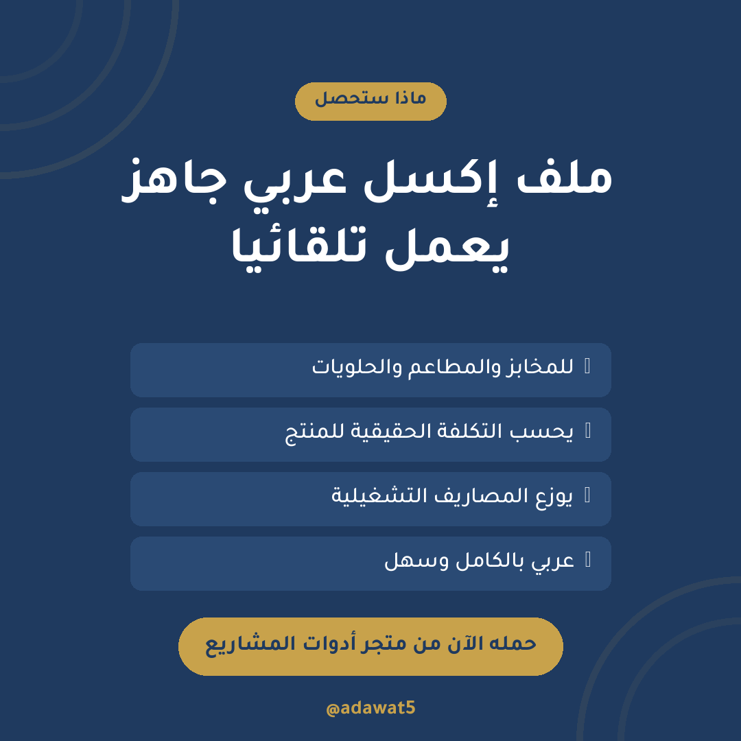 ملف تكلفة المنتج المصنّع — إكسل عربي لحساب التكلفة الحقيقية والتسعير للمخابز والمطاعم