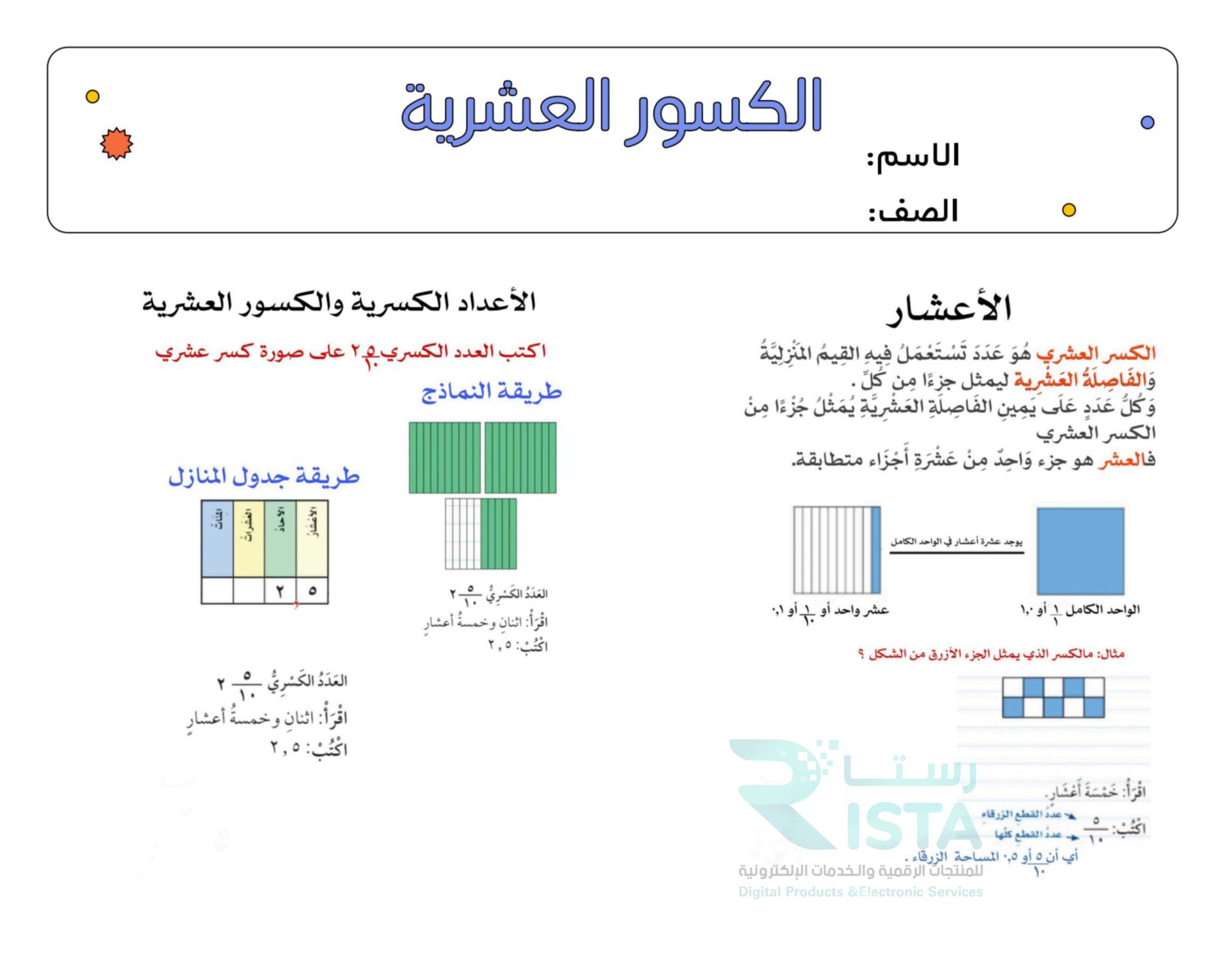 مطوية الكسور العشرية رياضيات رابع ابتدائي  الفصل الدراسي الثالث