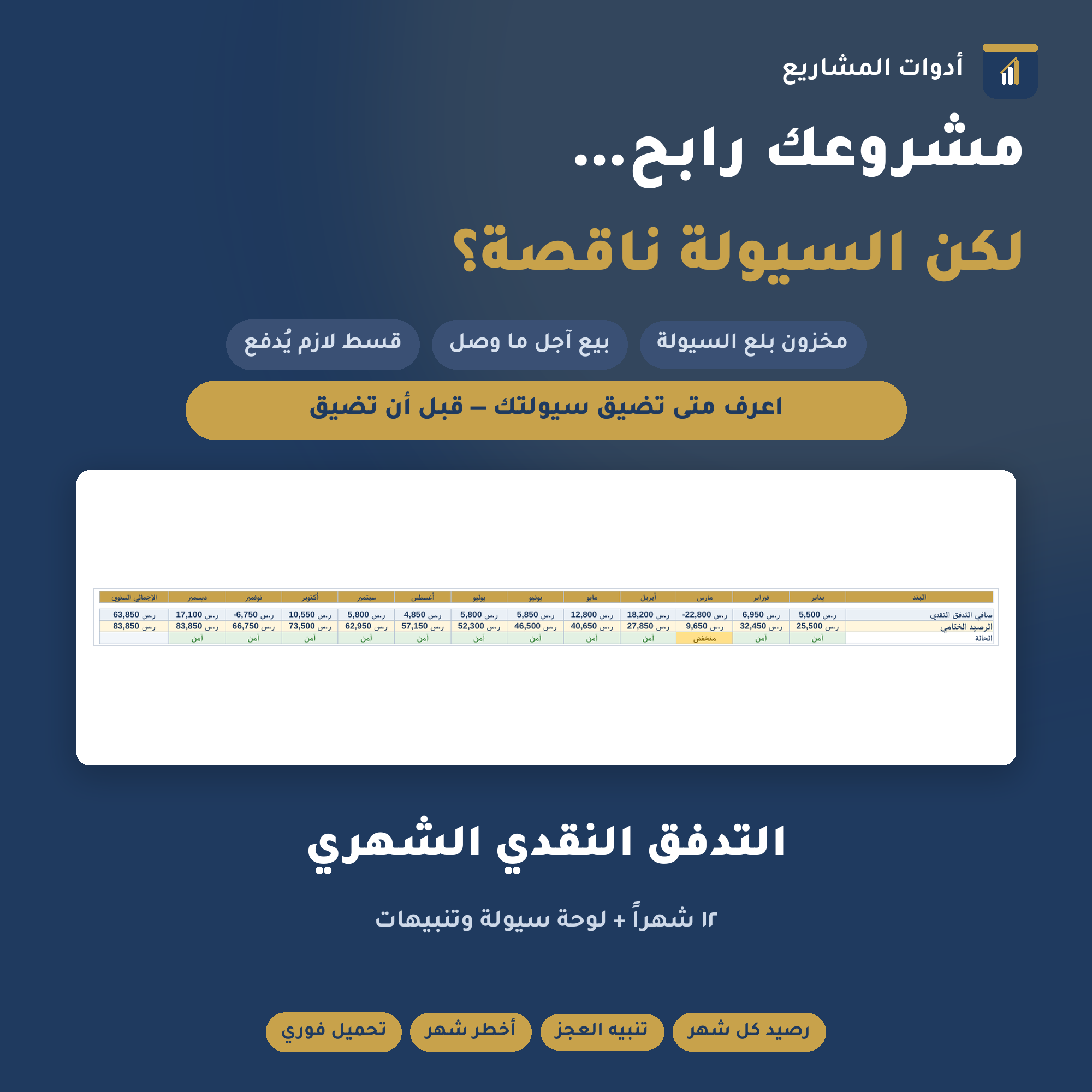 جدول التدفق النقدي الشهري — إكسل لمتابعة السيولة وتوقع العجز قبل حدوثه (١٢ شهراً)