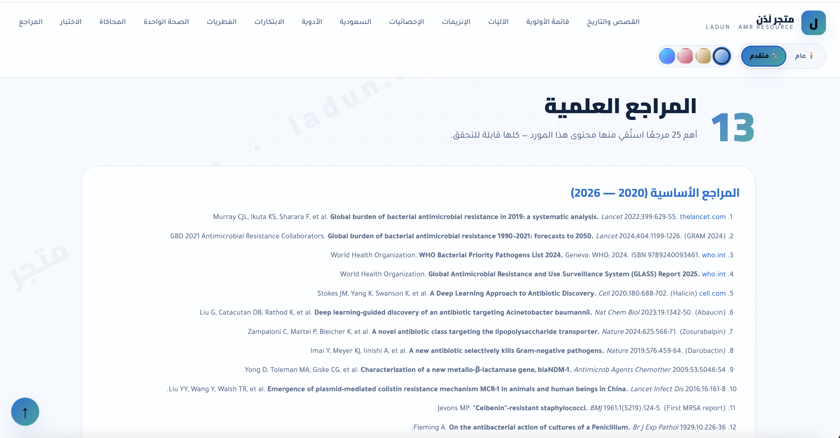 مقاومة مضادات الميكروبات · مورد تفاعلي عربي شامل | AMR Premium Resource