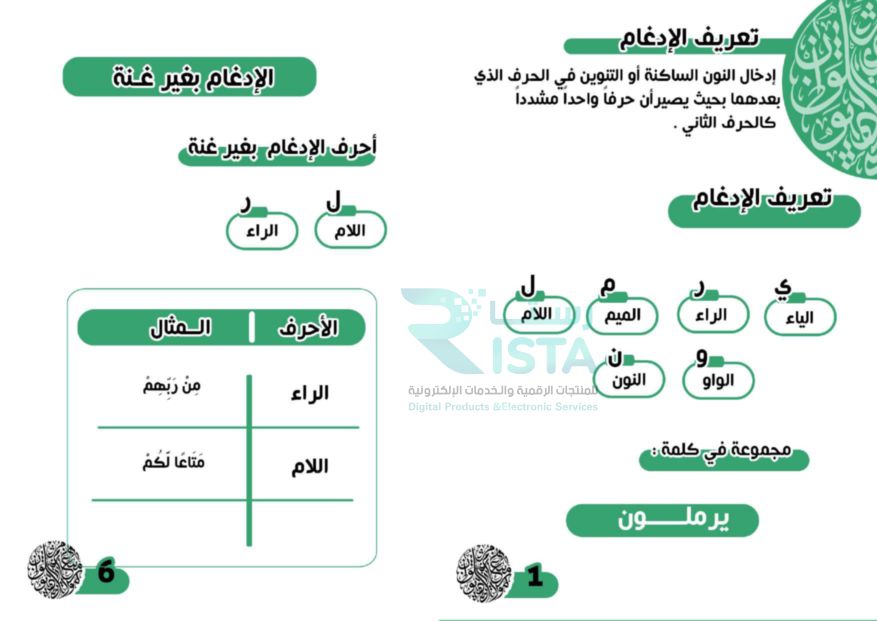 مطوية الإدغام تجويد الخامس الإبتدائي  الفصل الدراسي الأول