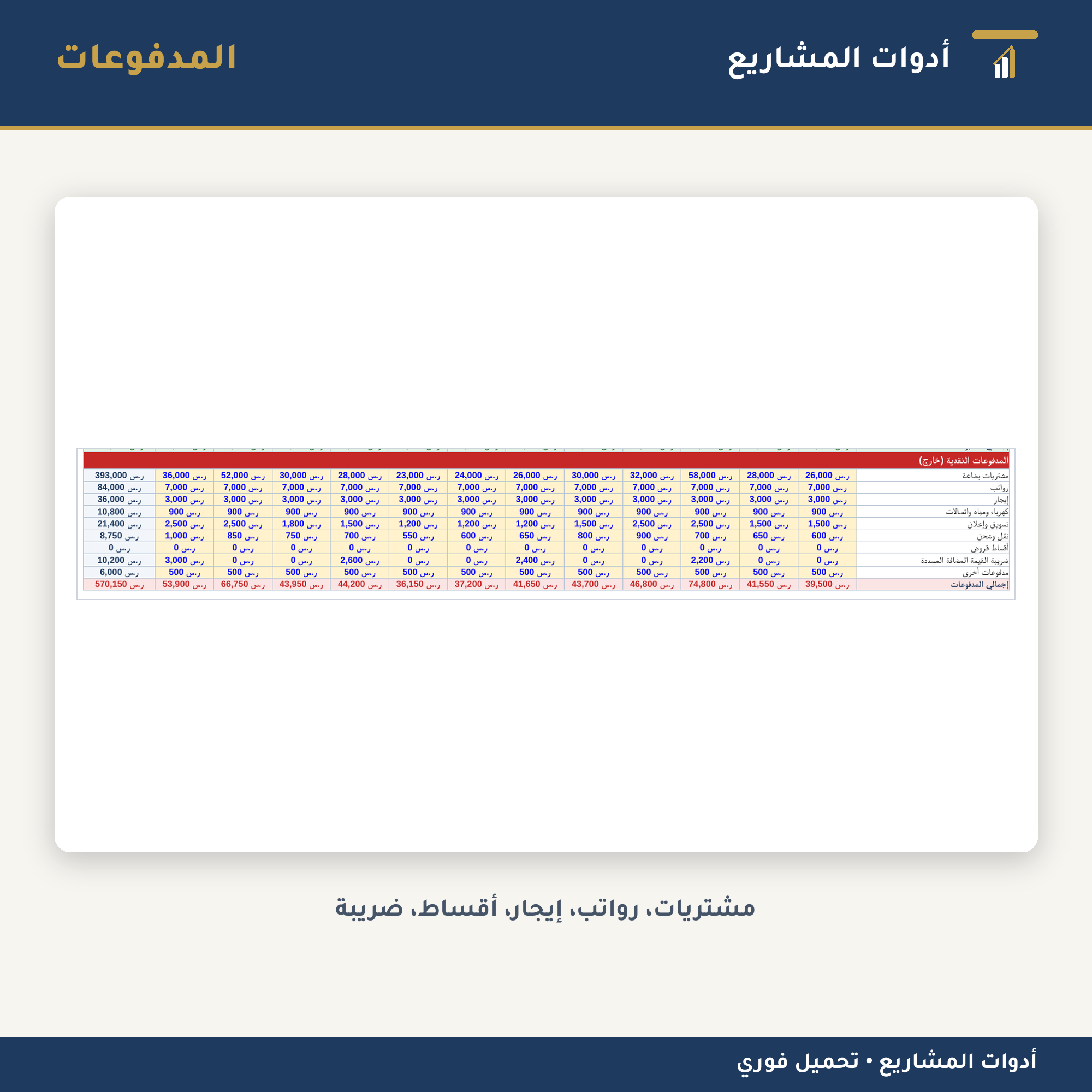 جدول التدفق النقدي الشهري — إكسل لمتابعة السيولة وتوقع العجز قبل حدوثه (١٢ شهراً)