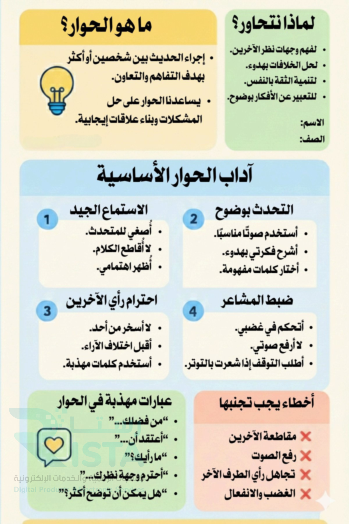 مطوية مهاراتي في الحياة آداب الحوار أسرية خامس ابتدائي  الفصل الدراسي الثاني