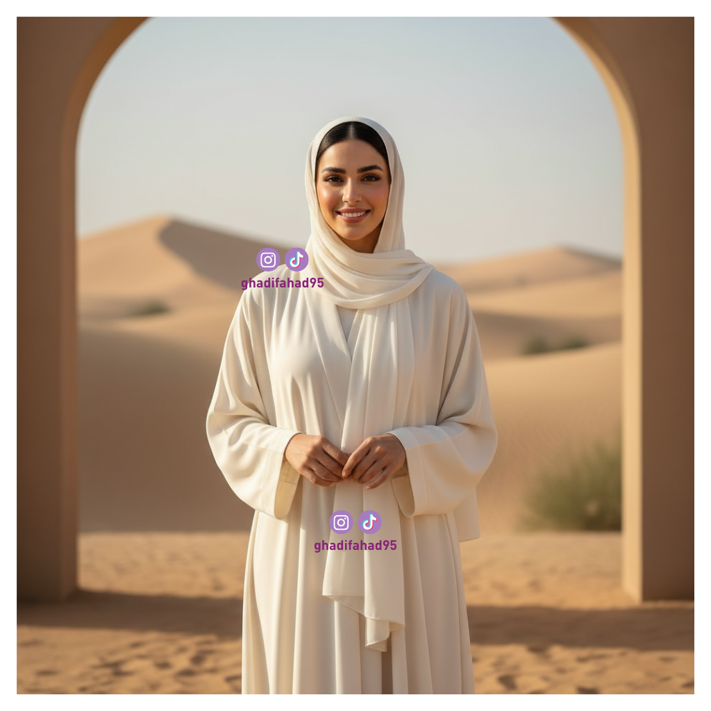 امرأة أنيقة بعباءة بيضاء في الصحراء – صورة توليدية بالذكاء الاصطناعي