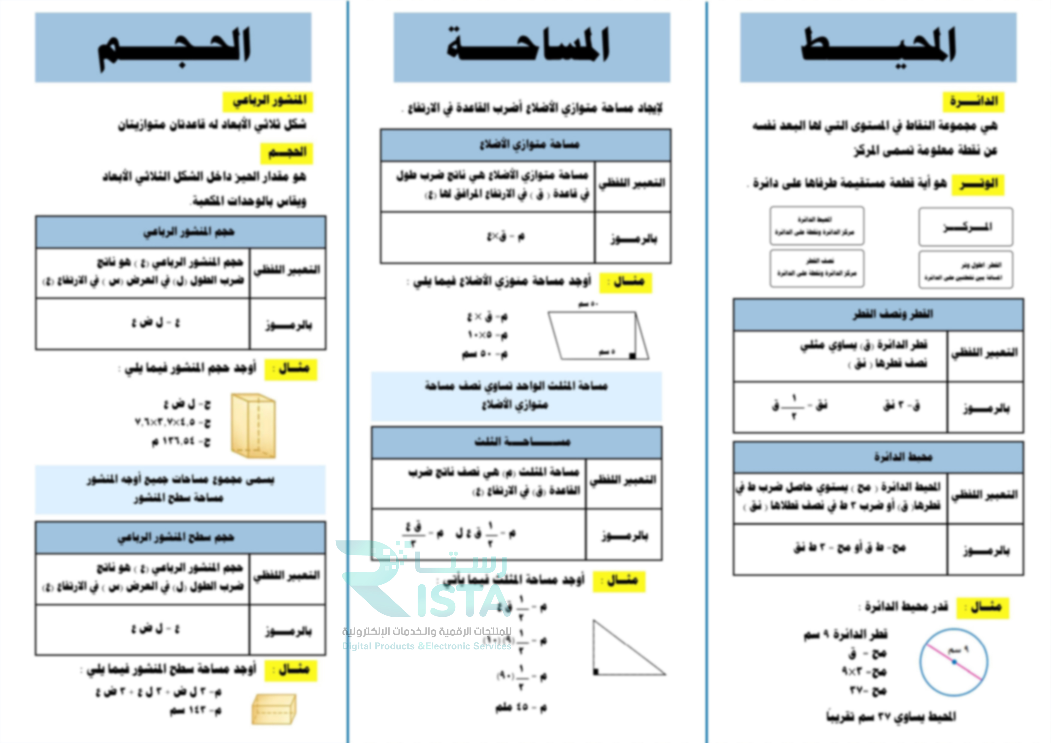 مطوية القياس رياضيات الصف السادس الإبتدائي
