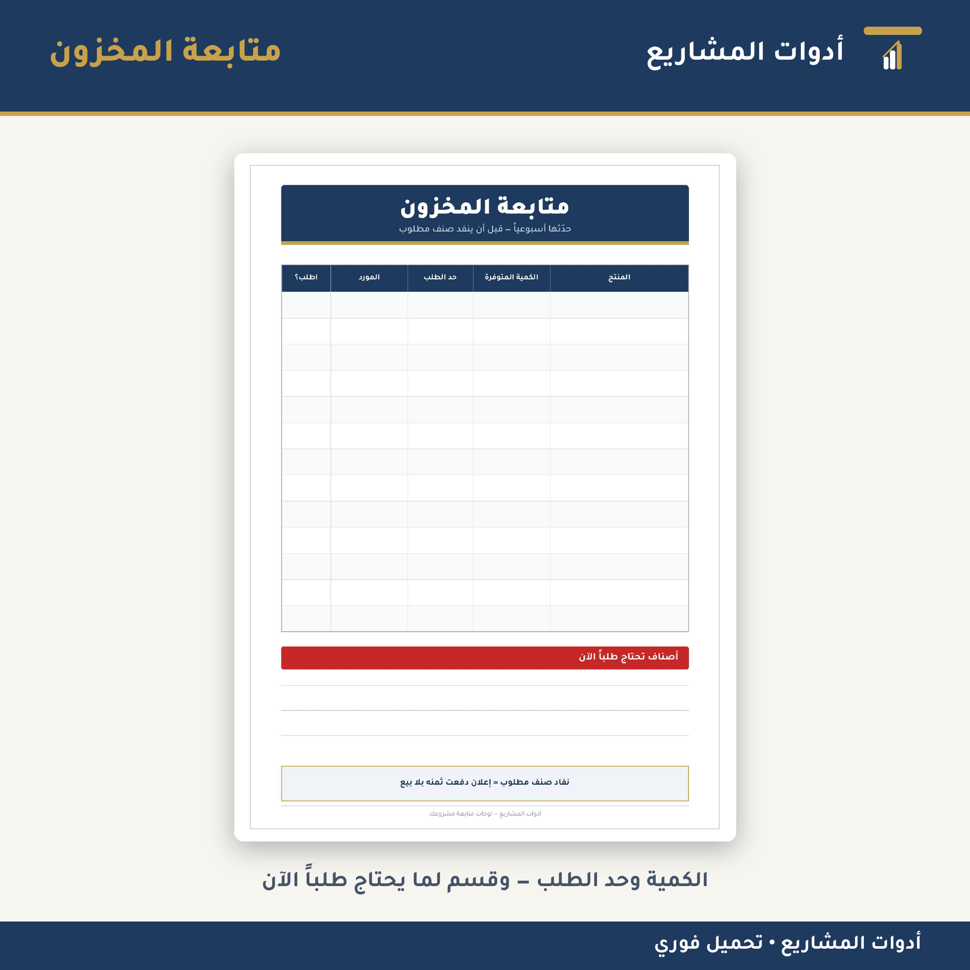 لوحات متابعة مشروعك — PDF جاهز للطباعة للعمل من المنزل والمتاجر الإلكترونية (طلبات • مخزون • محتوى)