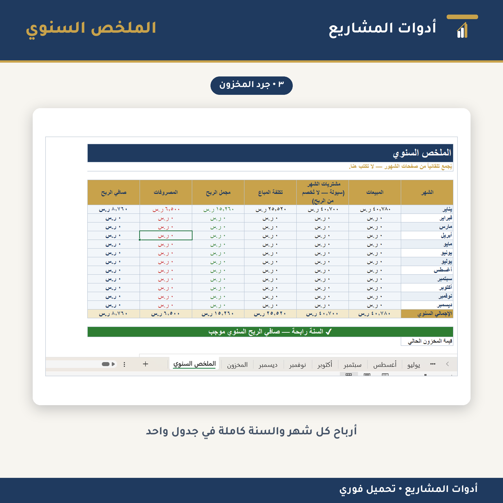 الباقة الكاملة: دراسة جدوى + تقرير وورد + جرد مخزون وأرباح + حاسبة تسعير — إكسل ووورد لإدارة المشاريع