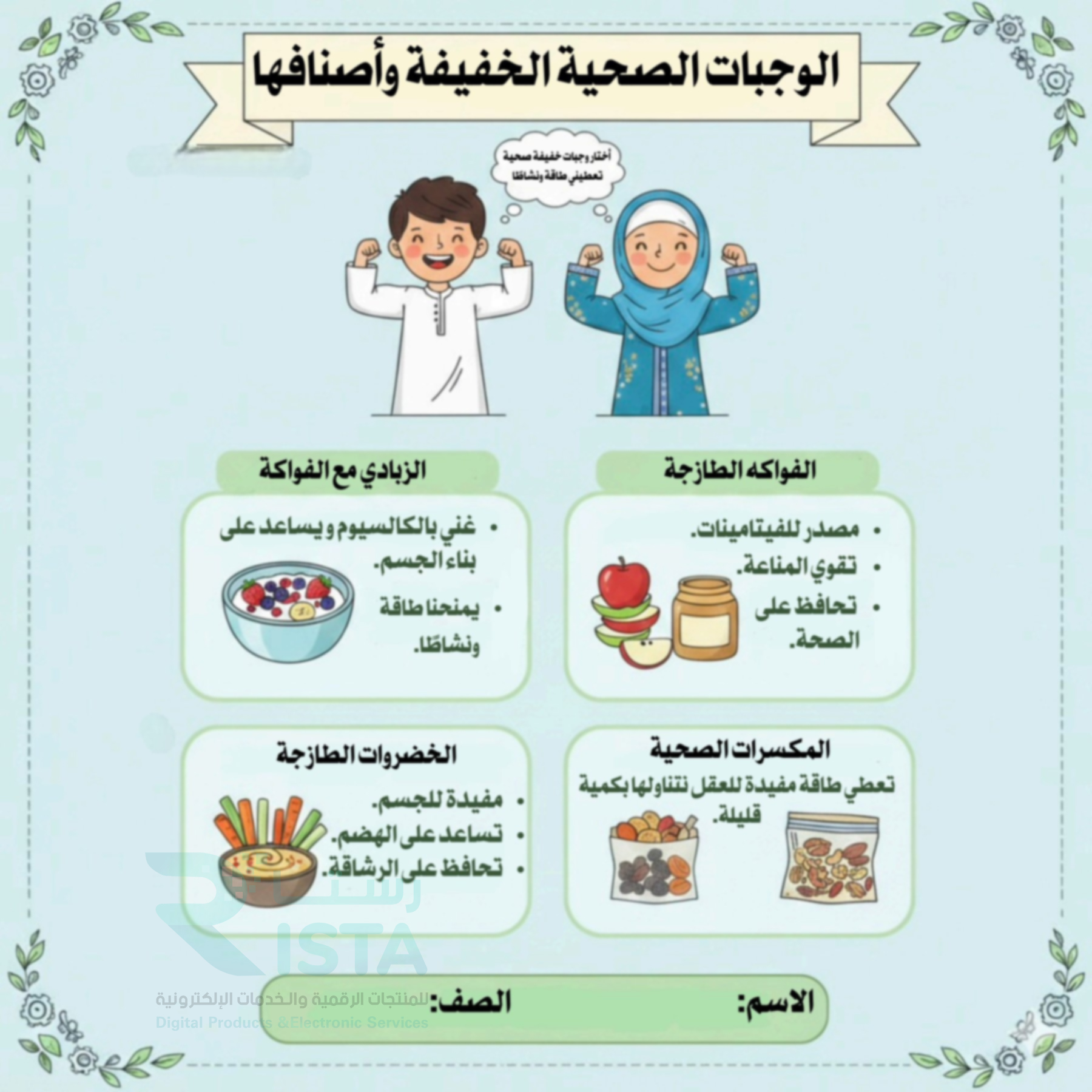 مطوية غذائي الوجبات الصحية الخفيفة وأصنافها أسرية خامس ابتدائي  الفصل الدراسي الثاني