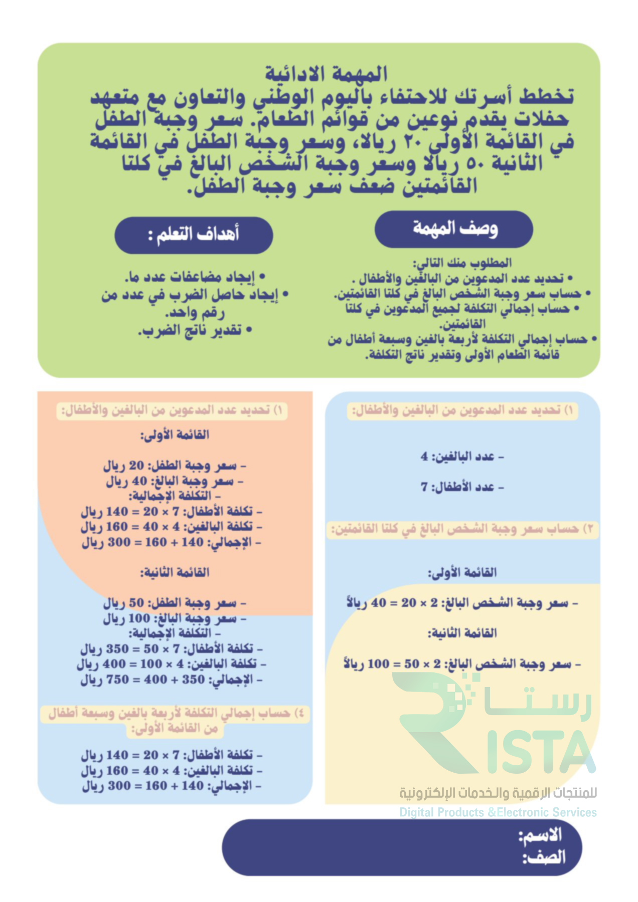 مطوية حل المهمة الإدائية رياضيات رابع ابتدائي الفصل الدراسي الثاني