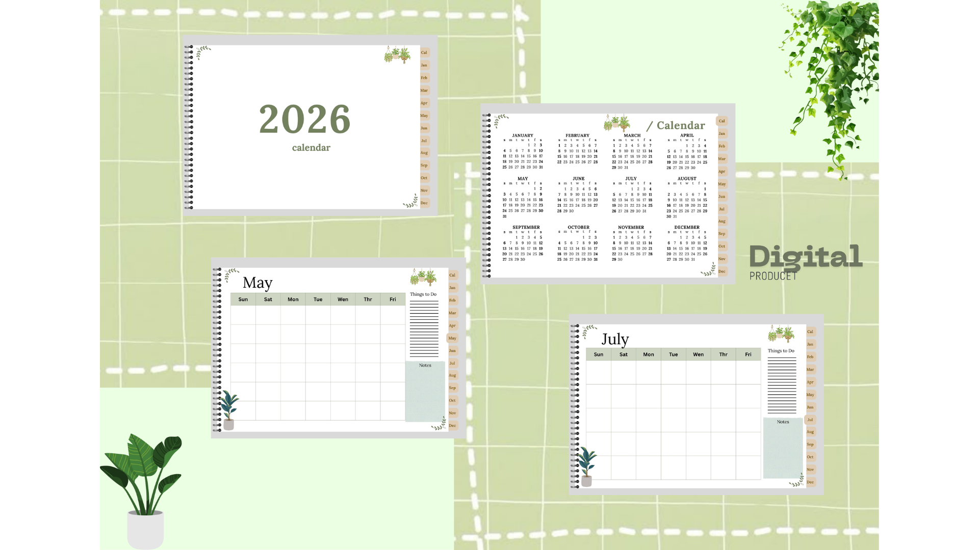 تقويم جمالي قابل للطباعة لعام ٢٠٢٦ - مخطط شهري بسيط مع قائمة مهام وملاحظات