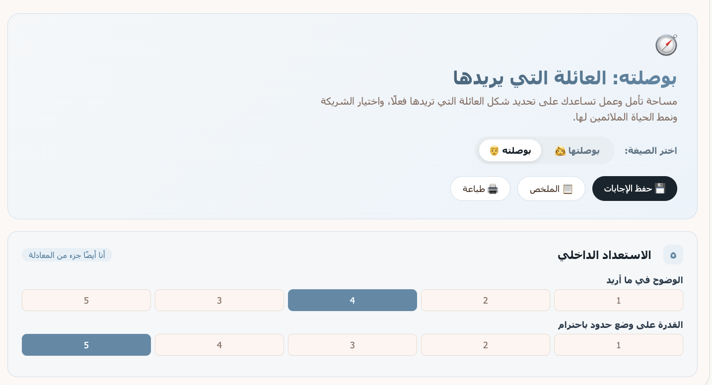 البوصلة العائلية (نسخة تجريبية) — أداة تفاعلية تساعدك على تحديد شكل العائلة التي تريدها.
