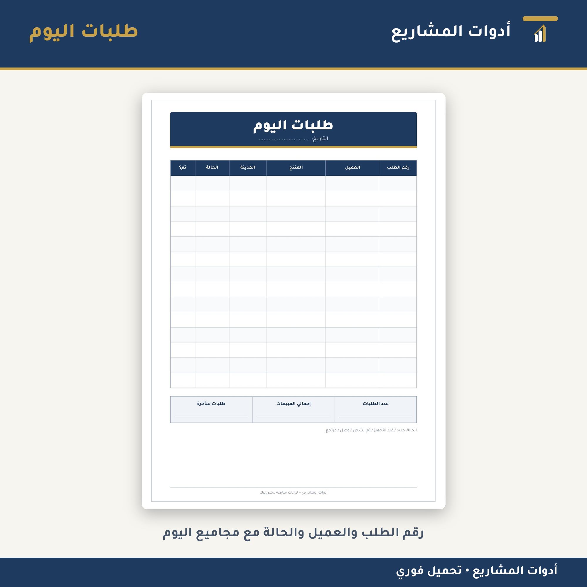 لوحات متابعة مشروعك — PDF جاهز للطباعة للعمل من المنزل والمتاجر الإلكترونية (طلبات • مخزون • محتوى)