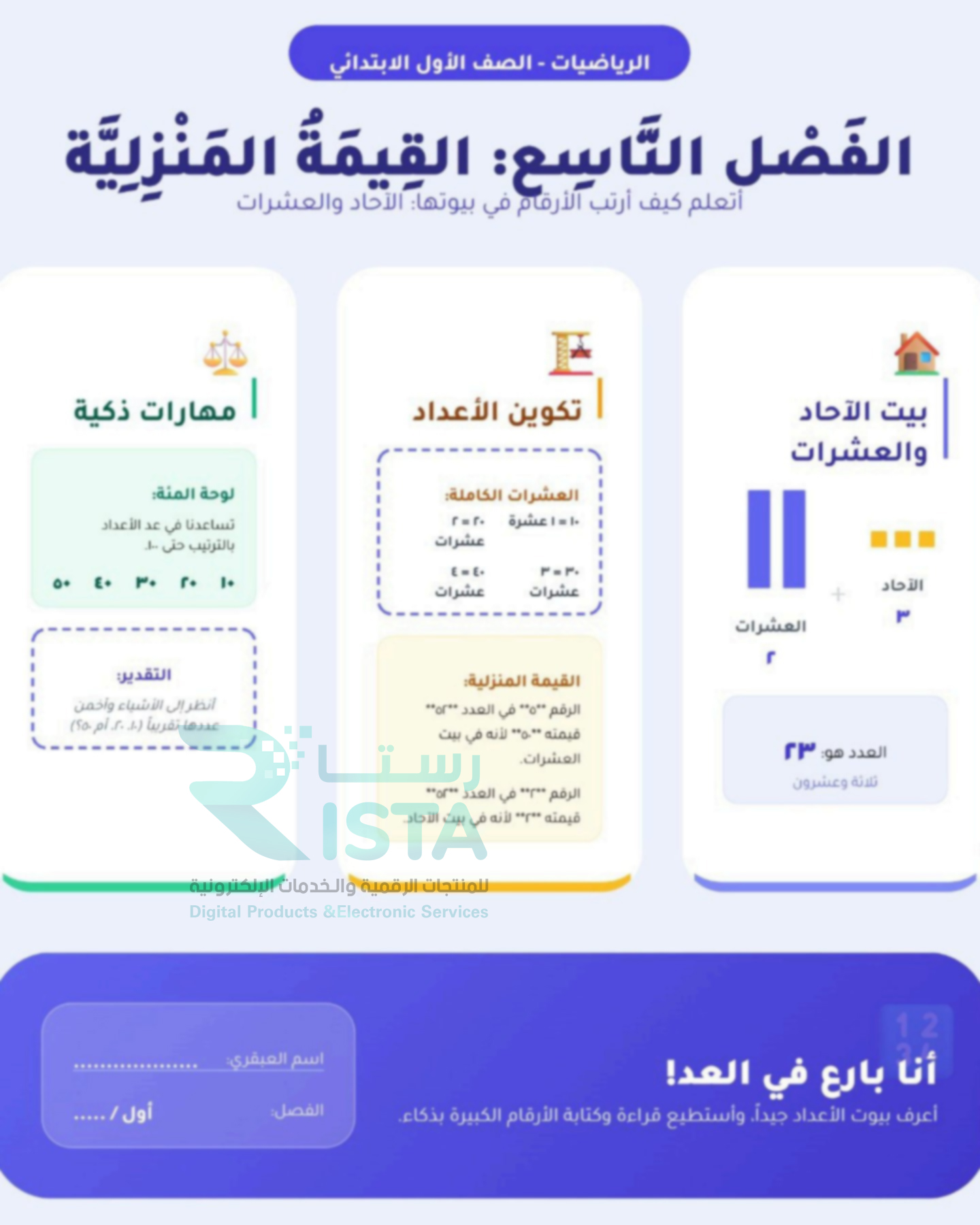 مطوية القيمة المنزلية رياضيات الصف الأول الإبتدائي